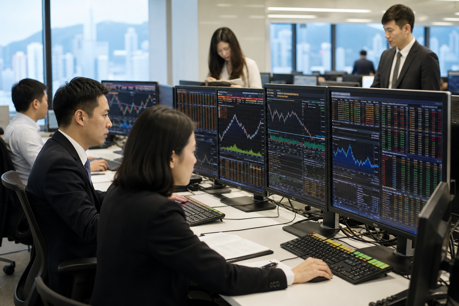 Asian financial professionals at market data terminals